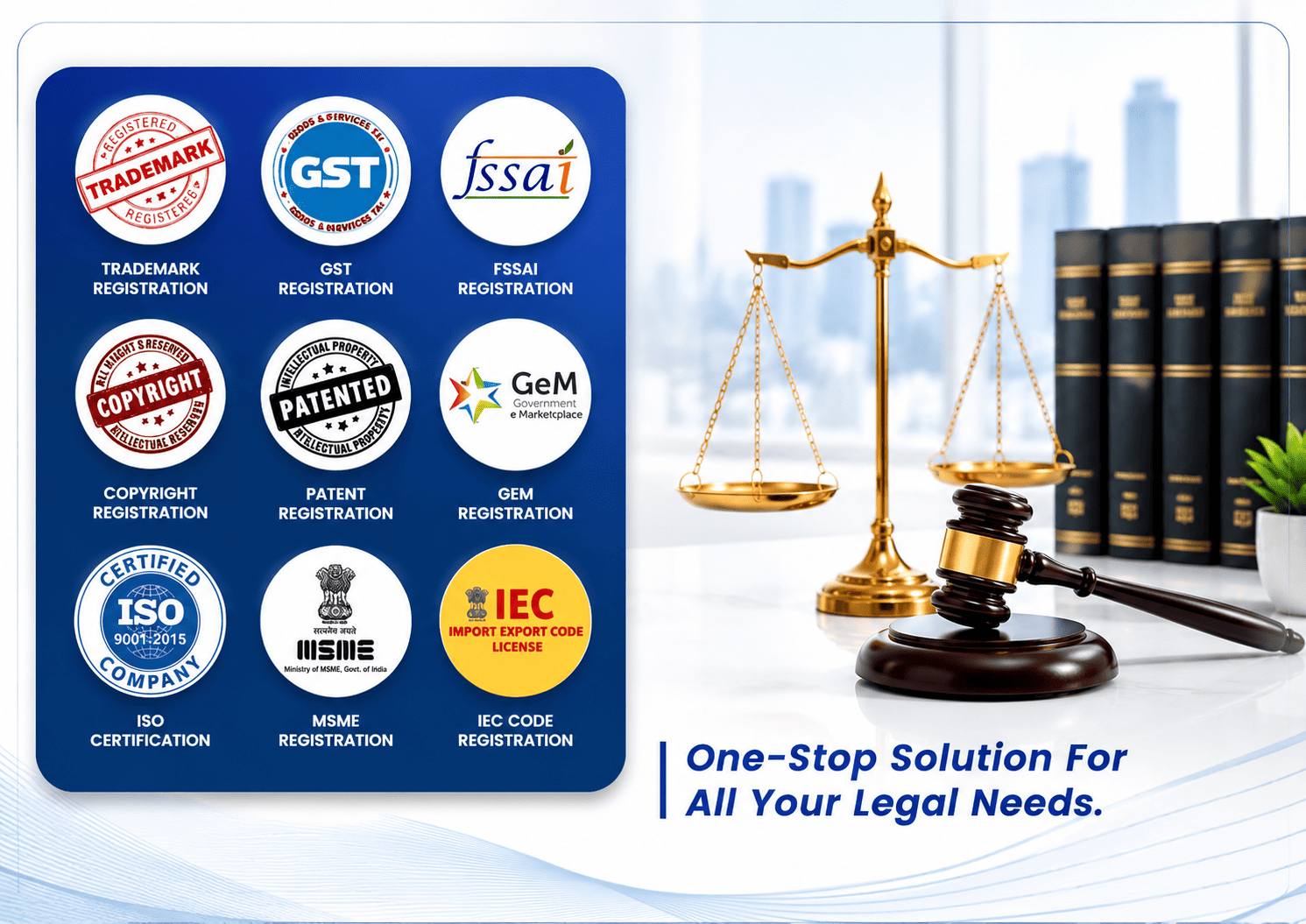 Your Trusted Partner for Business & Legal Compliance - Register, Protect, Grow. End-to-end legal solutions for Startups, SMEs and Enterprises covering Business Registration, Trademark & IP Protection, GST & Tax Compliance, Licenses & Certifications, and Legal Advisory